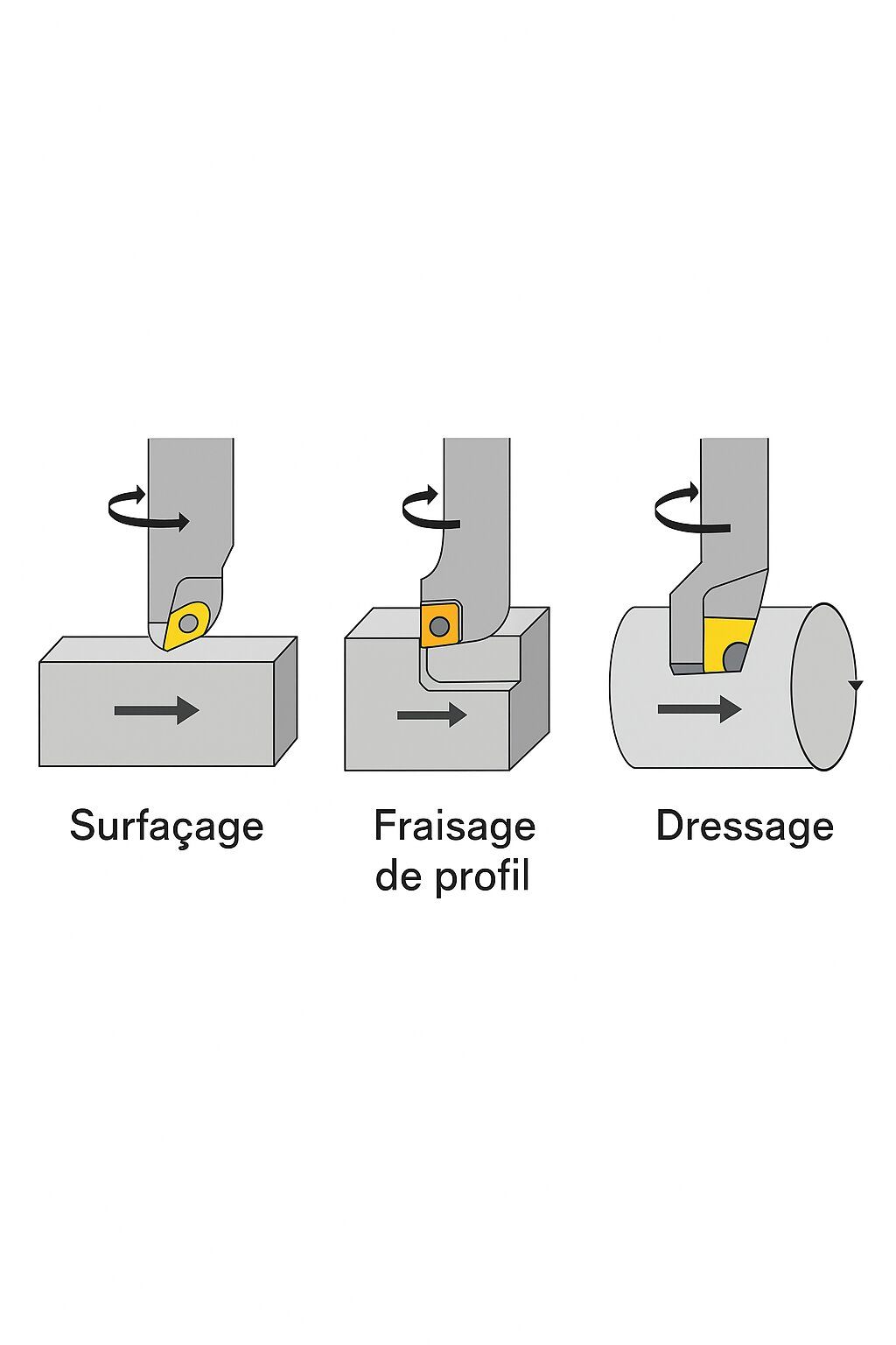 Schéma comparatif entre surfaçage, fraisage de profil et dressage