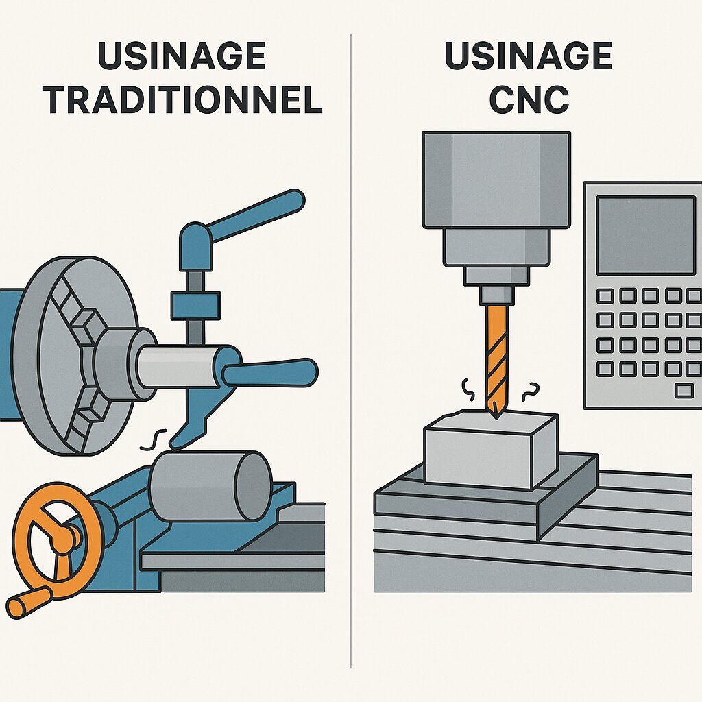 Image comparative entre usinage traditionnel et CNC