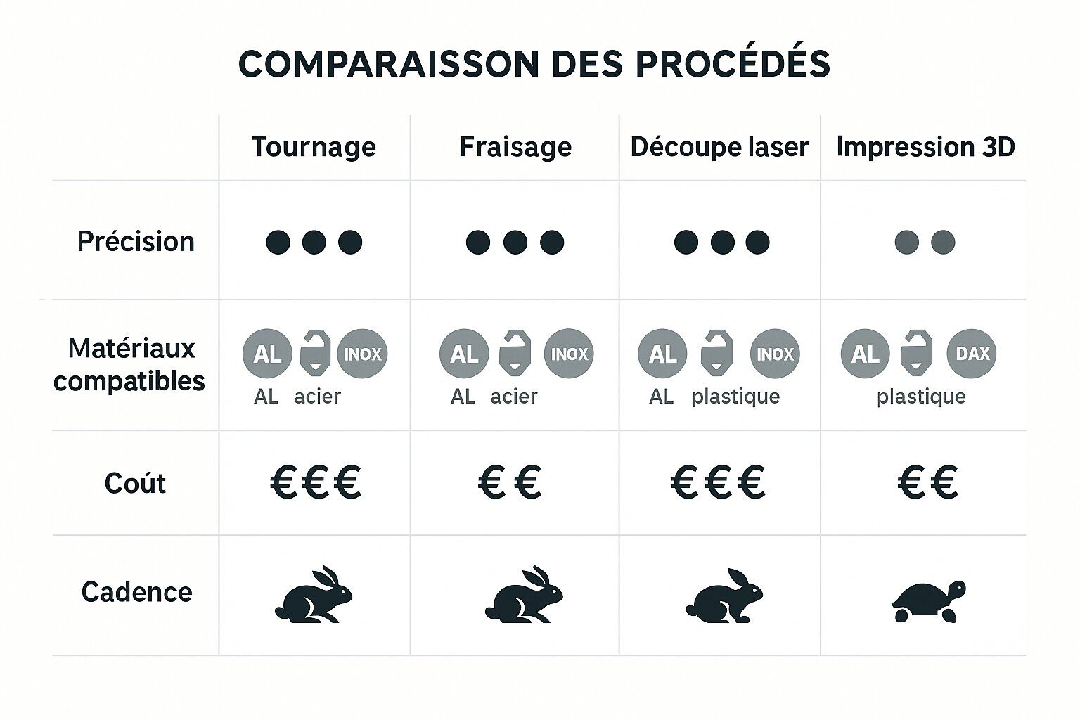 Infographie comparative des procédés (précision, matériaux compatibles, coût, cadence)