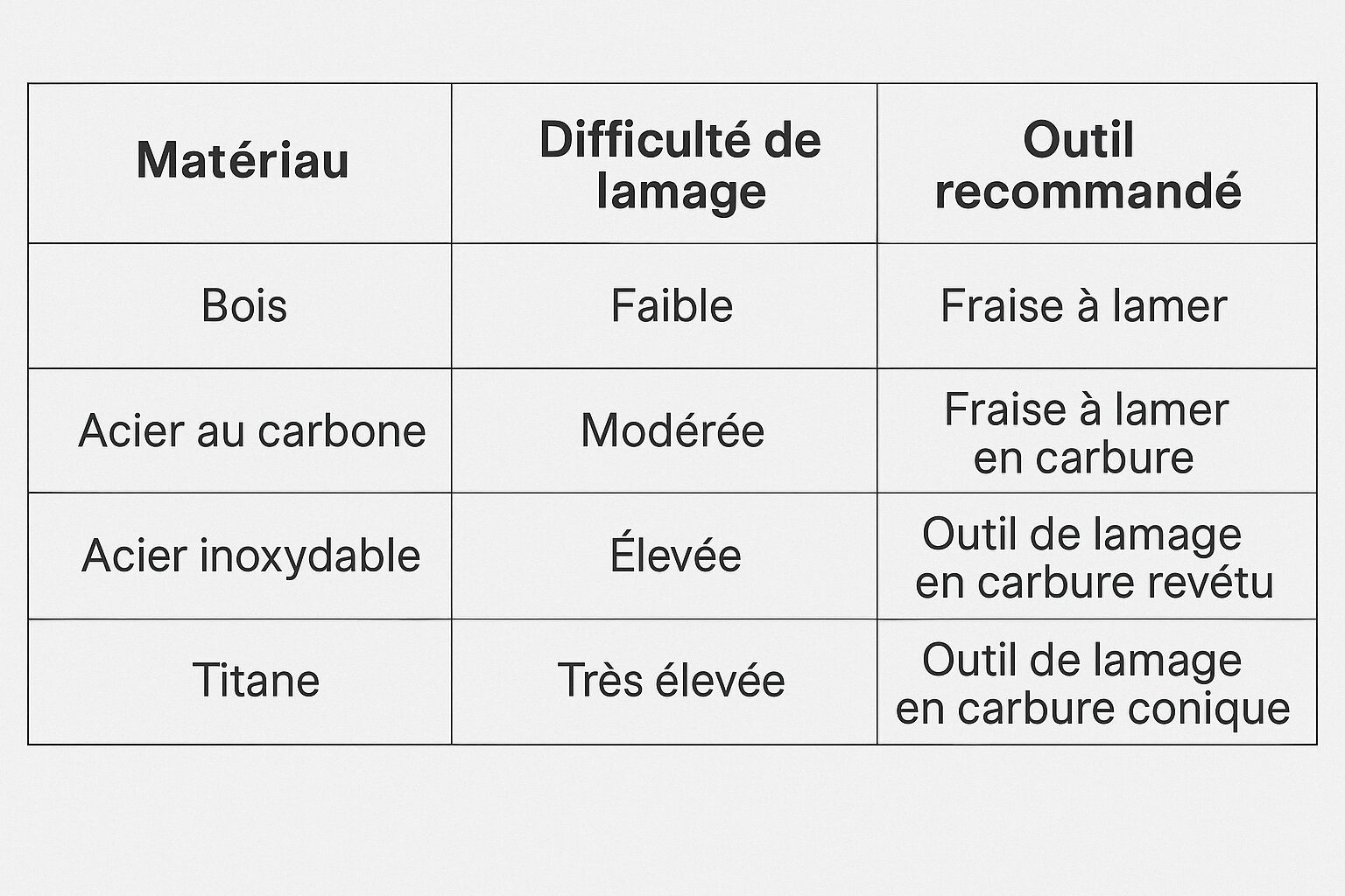 tableau ""matériau vs difficulté de lamage vs outil recommandé""